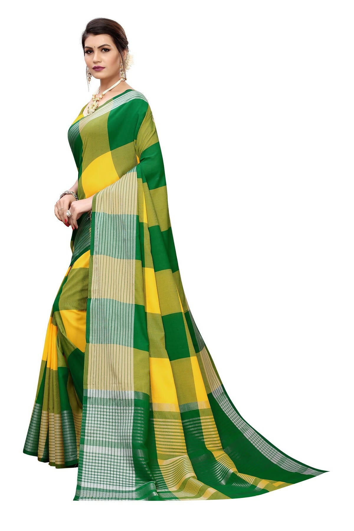 Vamika Yellow Cotton Silk Weaving Saree (Gamma Checks Yellow) - Distacart