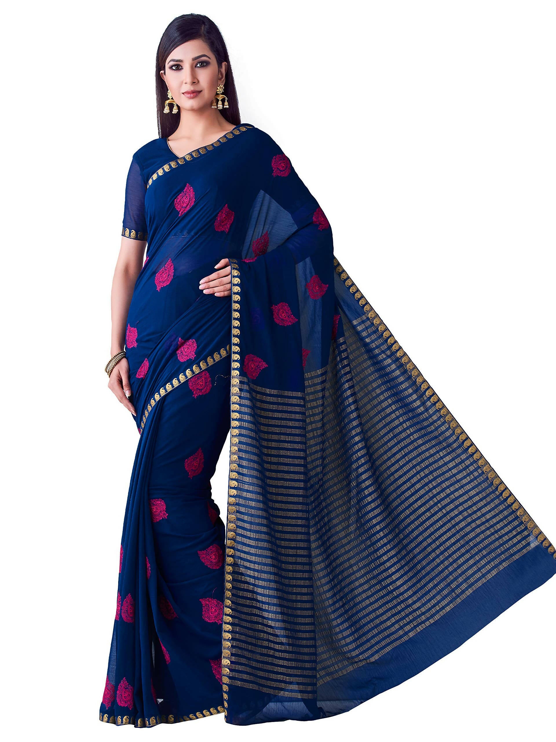 Mimosa Women's Navy Blue Banarasi Chiffon Saree - Distacart