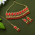 Thumbnail for Mominos Fashion Johar Kamal Gold-Plated Brass Finish Kundan/Pearls Choker For Women (Red) - Distacart