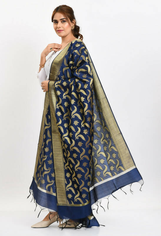 Mominos Fashion Moeza Women's Banarsi Silk Floral Woven Design Navy Blue Dupatta - Distacart