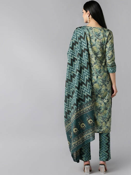 Ahika Women Green Floral Printed Regular Pure Cotton Kurta With Trousers & Dupatta - Distacart