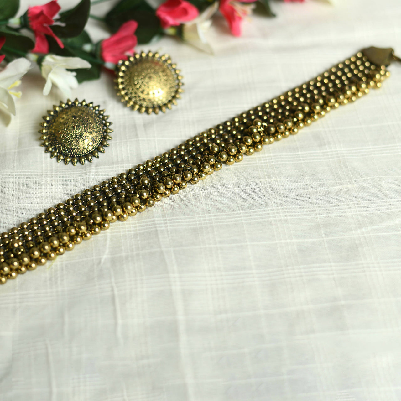 Mominos Fashion Johar Kamal Oxidised Gold-Plated Brass Finish Ghungroo Design Choker Set - Distacart