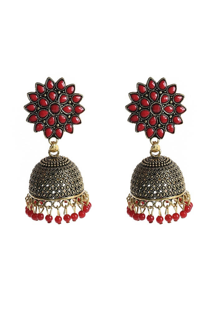 Tehzeeb Creations Golden Colour Earrings With Red Pearl