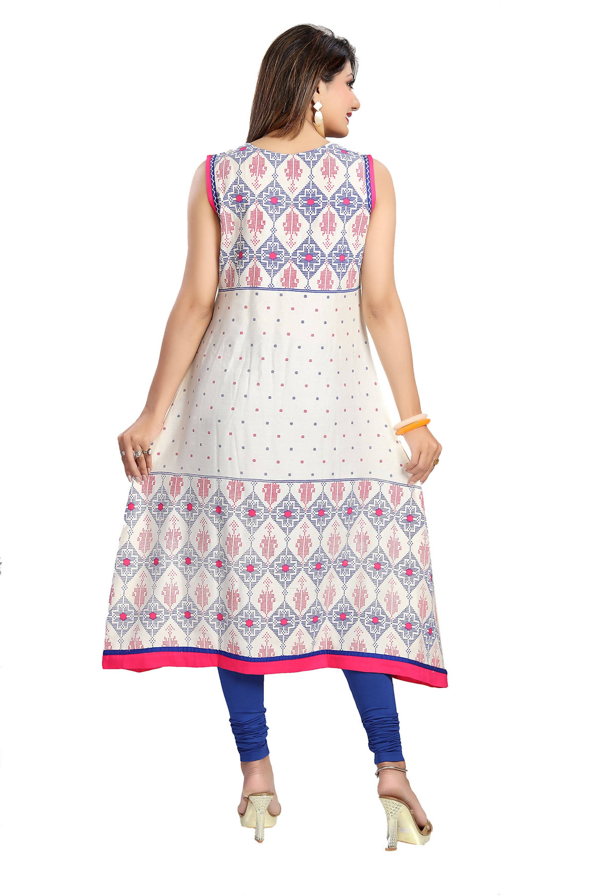 Snehal Creations Print Precious White A-Line Designer Cotton Tunic - Distacart