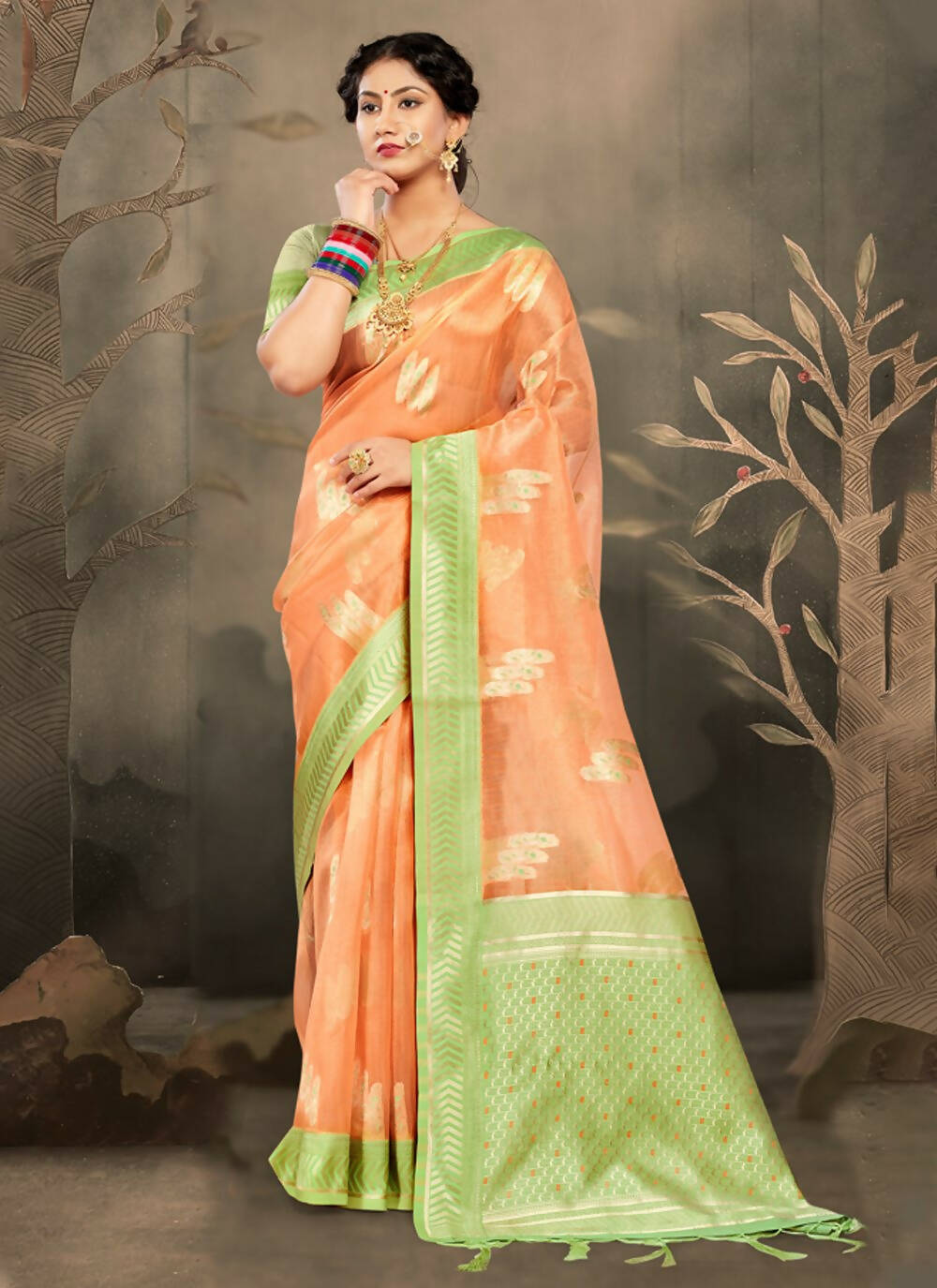 Orange Cotton Zari Woven Design Saree with Unstitched Blouse Piece - Aachal - Distacart