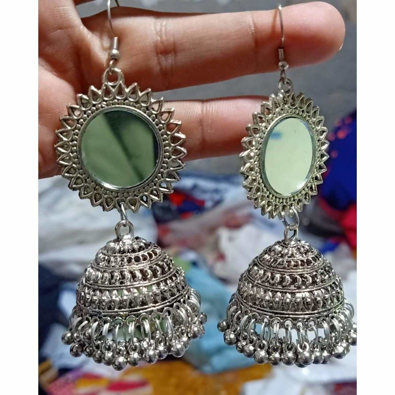 Antique Silver Oxidized Mirror Jhumki Earring