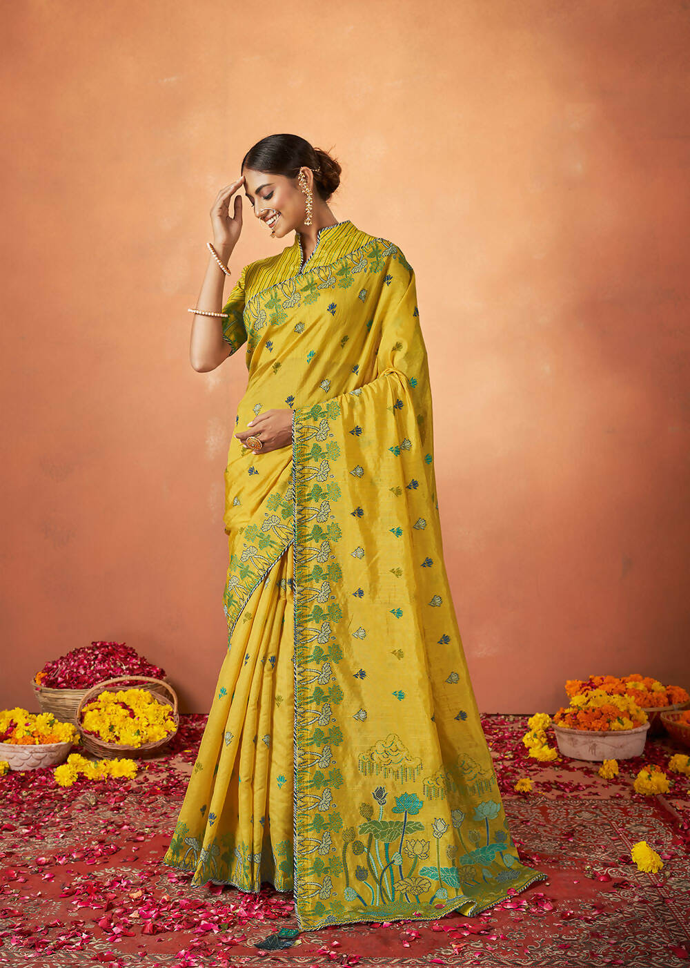 Yellow Tusser Silk Woven Design Saree With Unstitched Blouse Piece - Norita Royal Pradha - Distacart