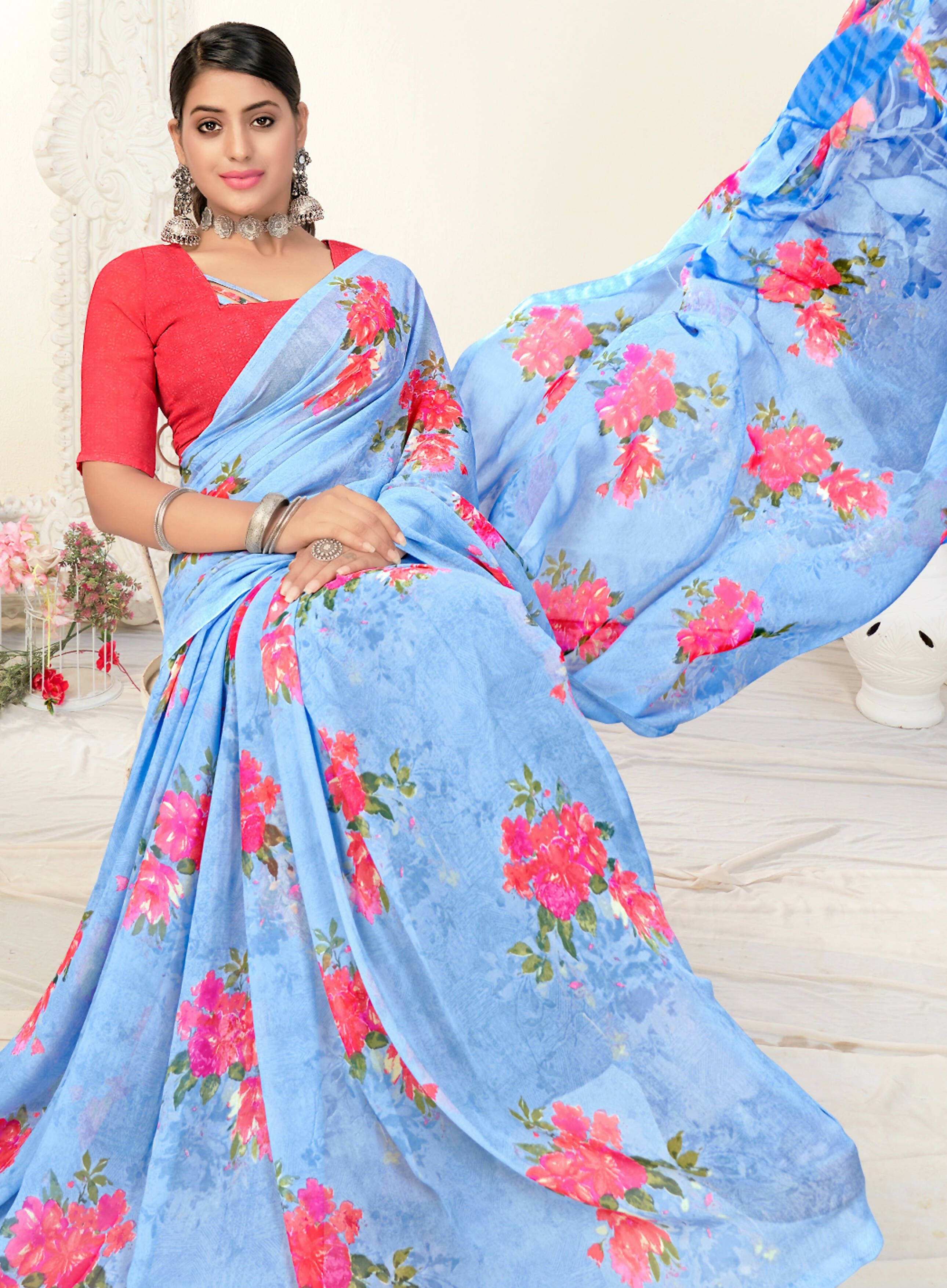 Sky Blue Georgette Floral Printed Saree With Unstitched Blouse Piece - Jyoti - Distacart