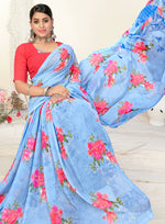 Thumbnail for Sky Blue Georgette Floral Printed Saree With Unstitched Blouse Piece - Jyoti - Distacart