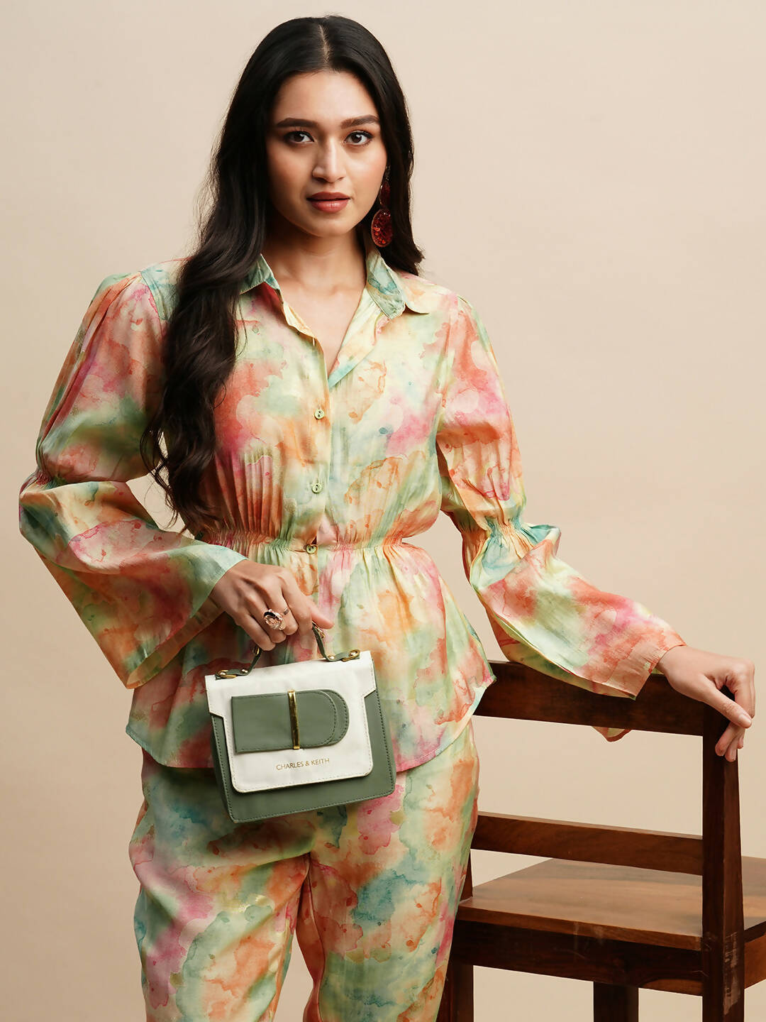 Light Green & Orange Poly Rayon Tie and dye Printed Top with Matching Trouser - Shivani - Distacart