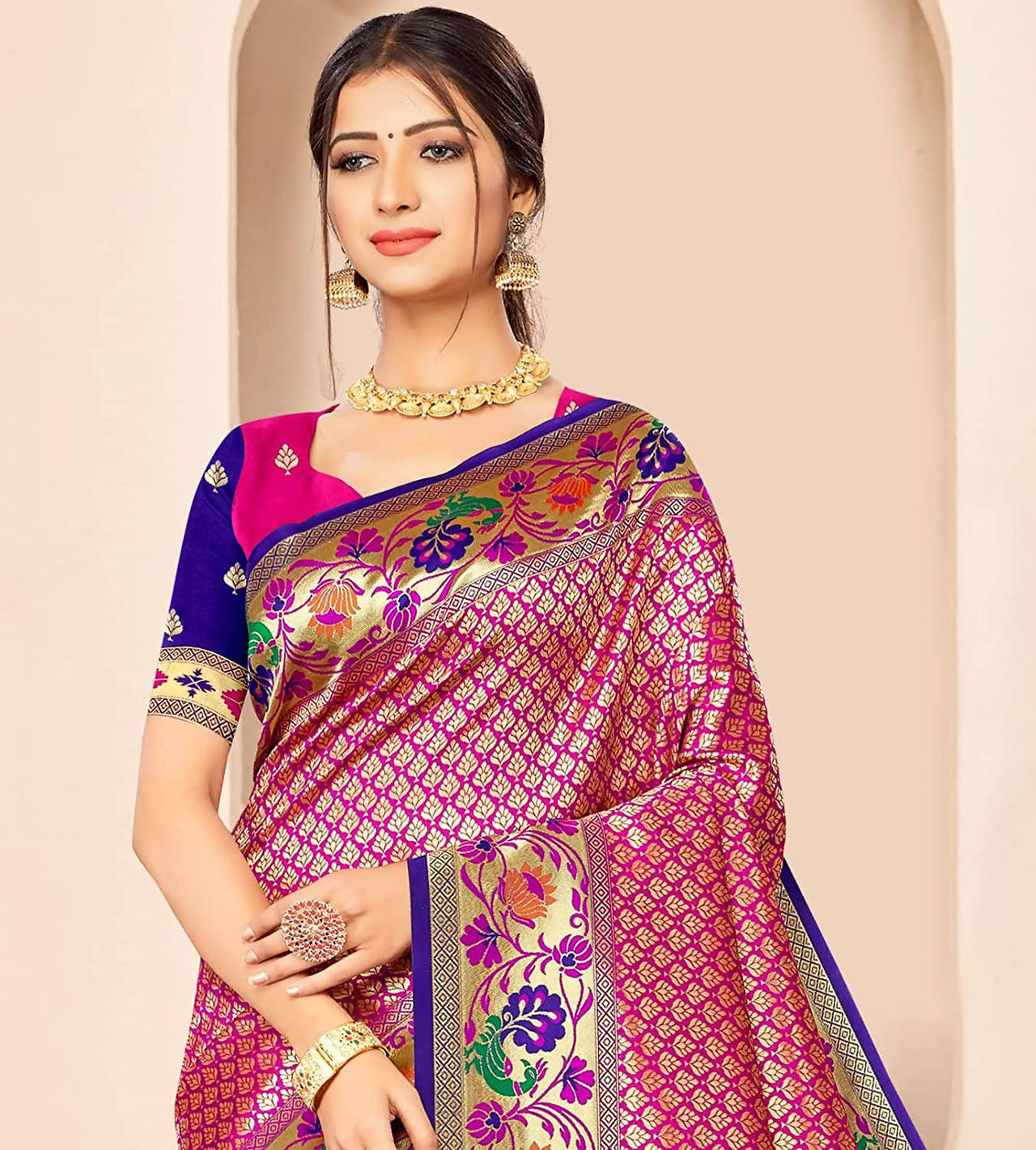 Jaanvi Fashion Women's Rani Blue Banarasi Paithani Silk With Zari Jacquard Work Saree With Blouse Piece