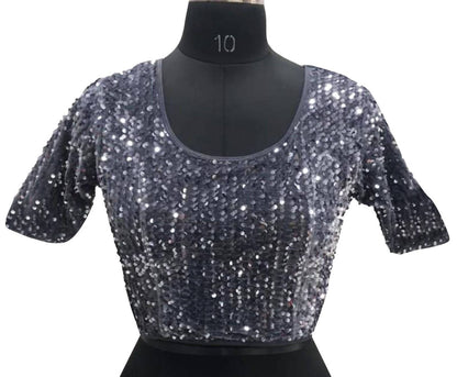 Vamika Grey Velvet Sequence Blouse - Distacart