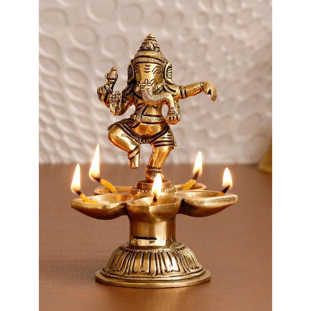 eCraftIndia Gold-Toned Handcrafted Dancing Lord Ganesha Showpiece With Diya - Distacart