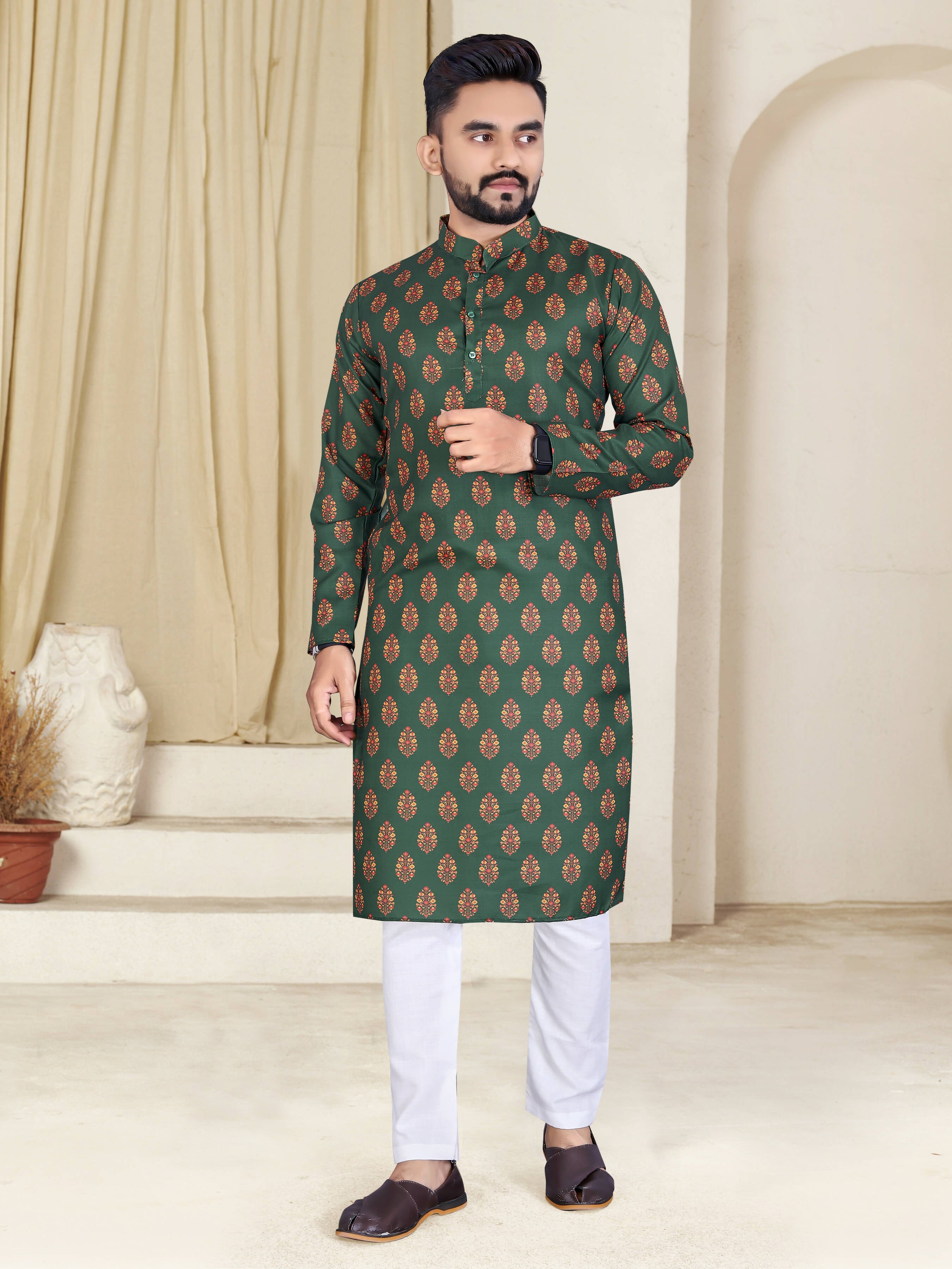 Mens Green Cotton Printed Kurta - Mahotsav - Distacart