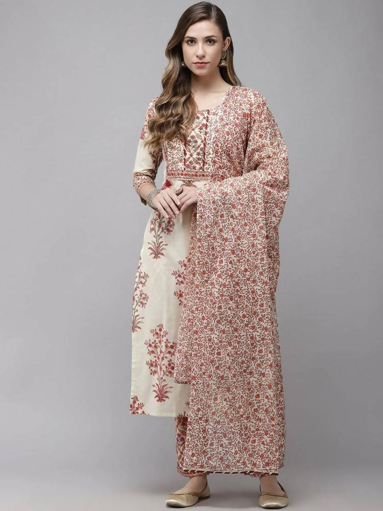 Yufta Women Off White printed Kurta with Trouser & With Dupatta
