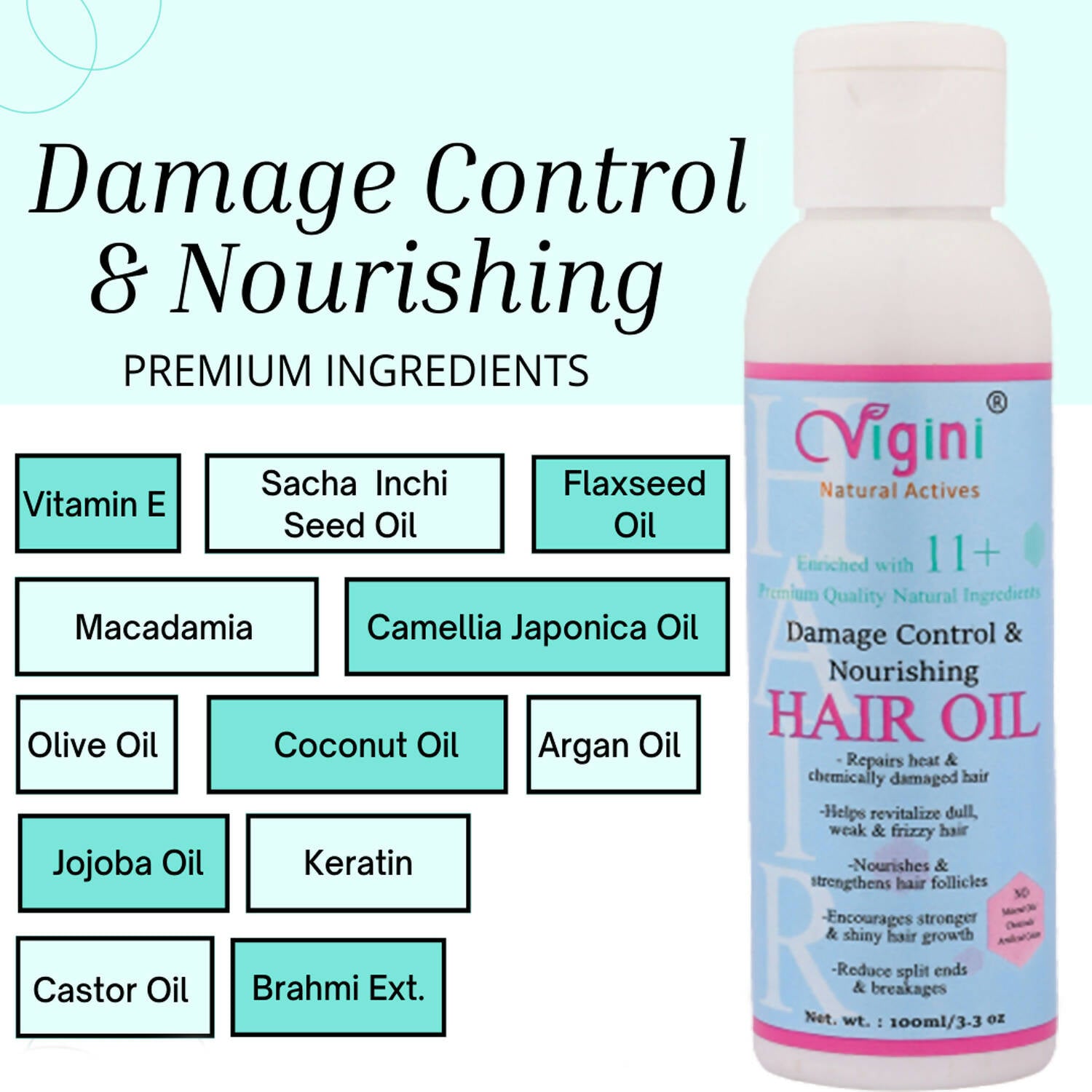 Vigini Damage Repair Nourishing Hair Care Tonic Oil with Keratin, Brahmi, Coconut Oil - Distacart