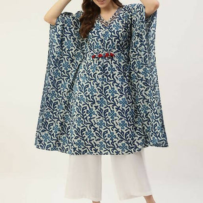 FIORRA Women's Printed Pure Cotton Kaftan Kurta - Blue - Distacart
