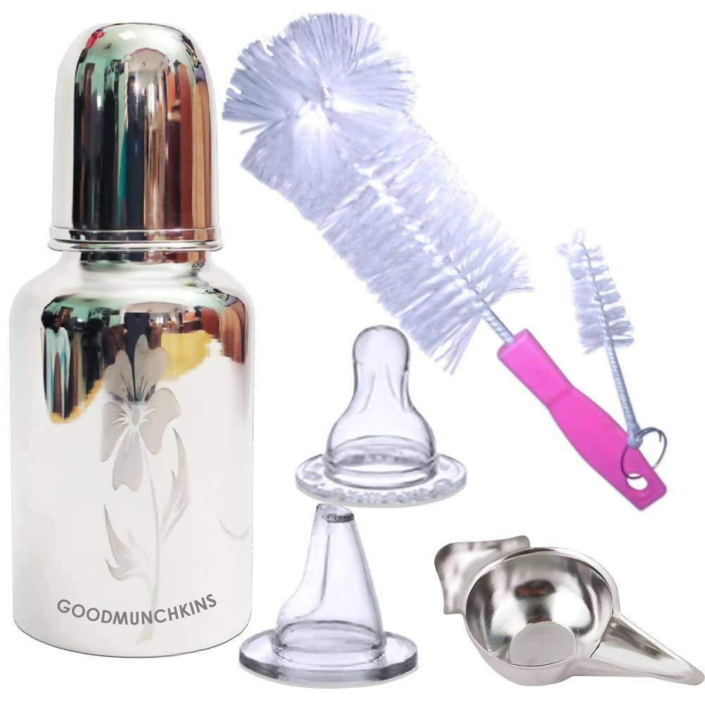 Goodmunchkins Stainless Steel Feeding Bottle with Bottle Cleaning Brush/Chakku/Anti Colic Silicone Nipple Combo-(150ml,Pink) - Distacart