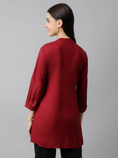 Red Rayon Yoke Embroidered A-line Top - Tarini - Distacart