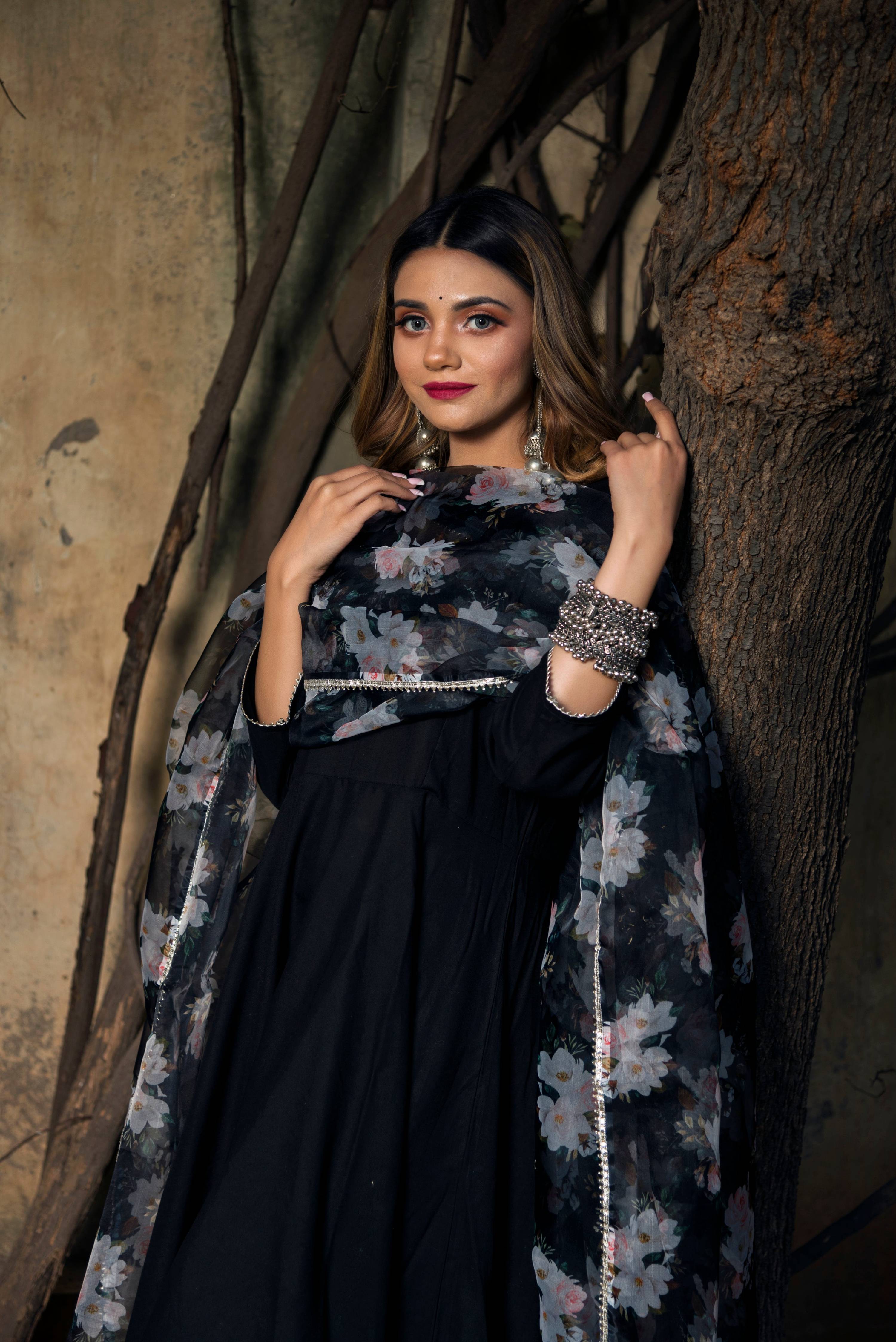 Pomcha Jaipur Tea Leaf Black Rayon Anarkali - Distacart