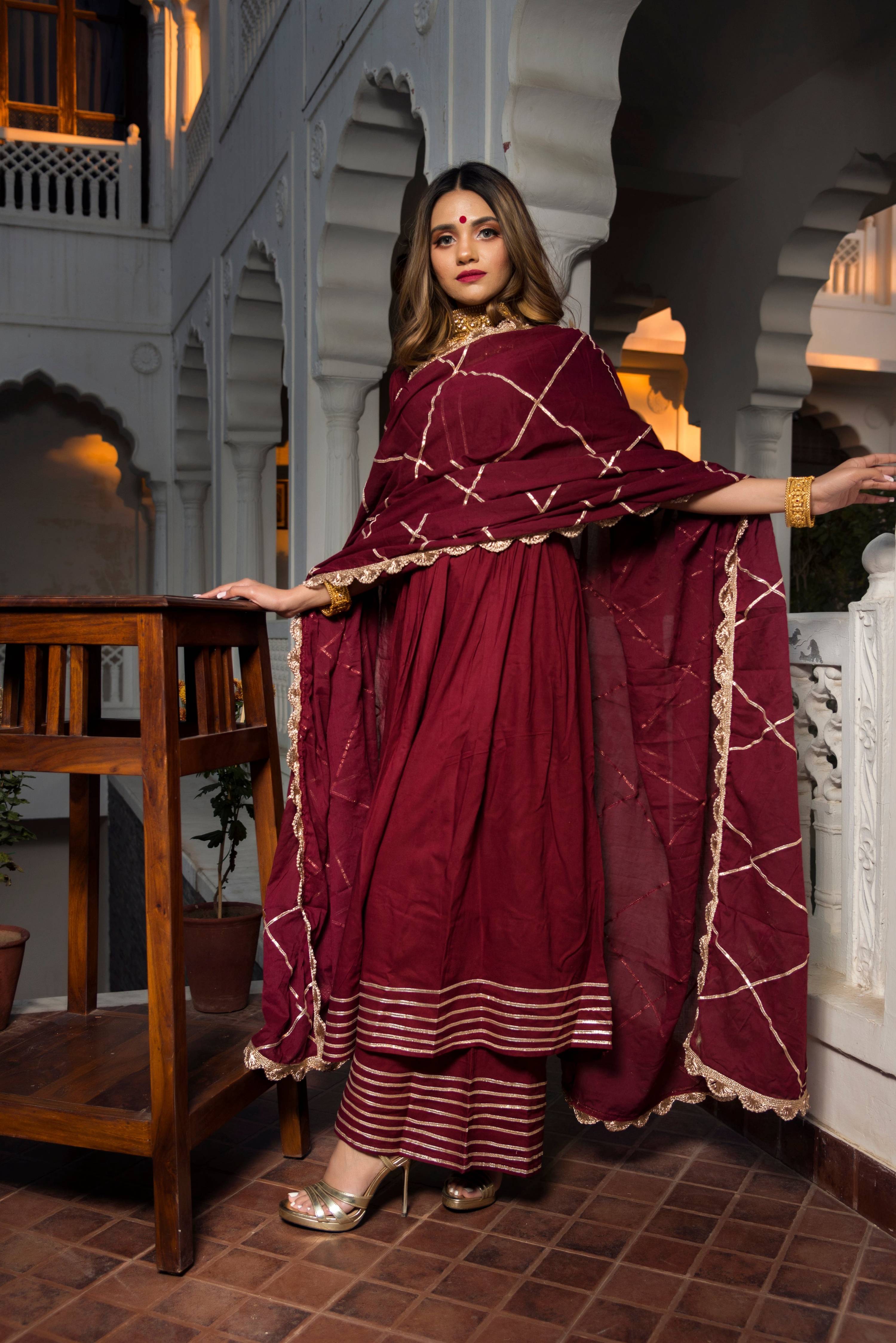 Pomcha Jaipur Gotta Jaal Maroon Cotton Anarkali - Distacart