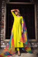 Thumbnail for Pomcha Jaipur Gulaal Green Pure Cotton Anarkali Set - Distacart