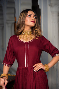 Thumbnail for Pomcha Jaipur Gotta Jaal Maroon Cotton Anarkali - Distacart