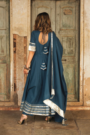 Pomcha Jaipur Berry Spary Cotton Blue Anarkali - Distacart