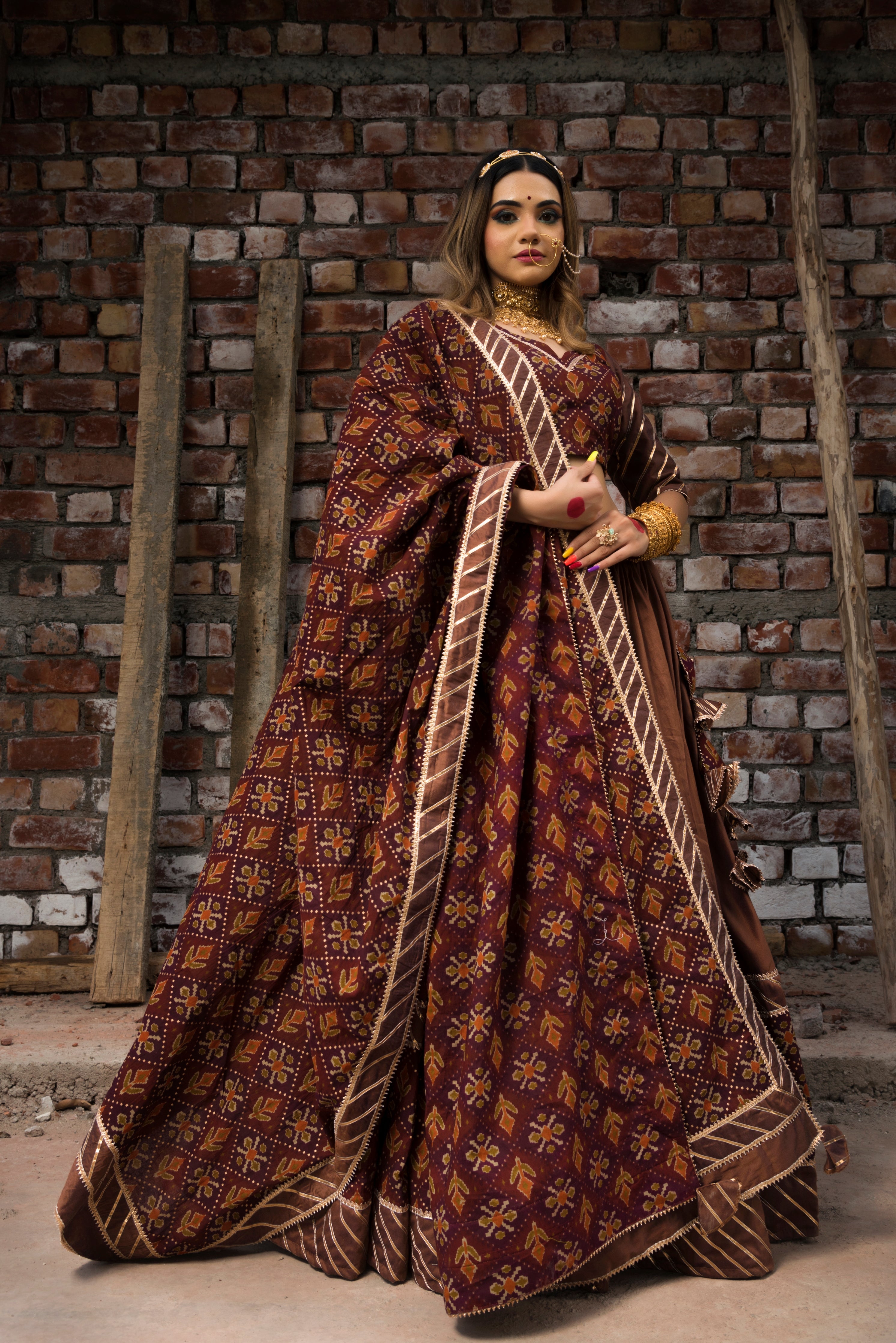 Pomcha Jaipur Chhaya Brown Gujarati Lehenga Set - Distacart