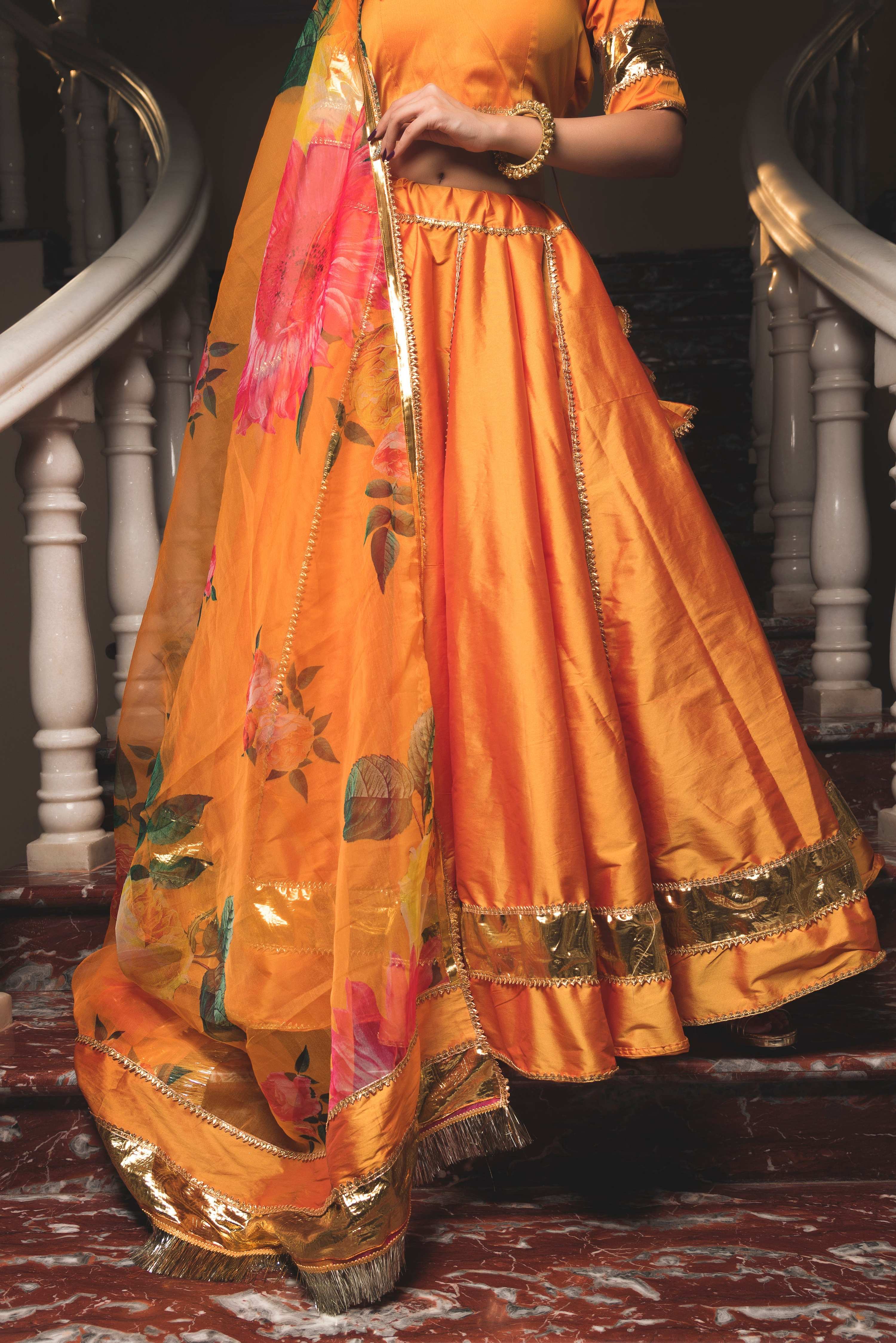 Pomcha Jaipur Taffeta Silk Orange Lehenga - Distacart