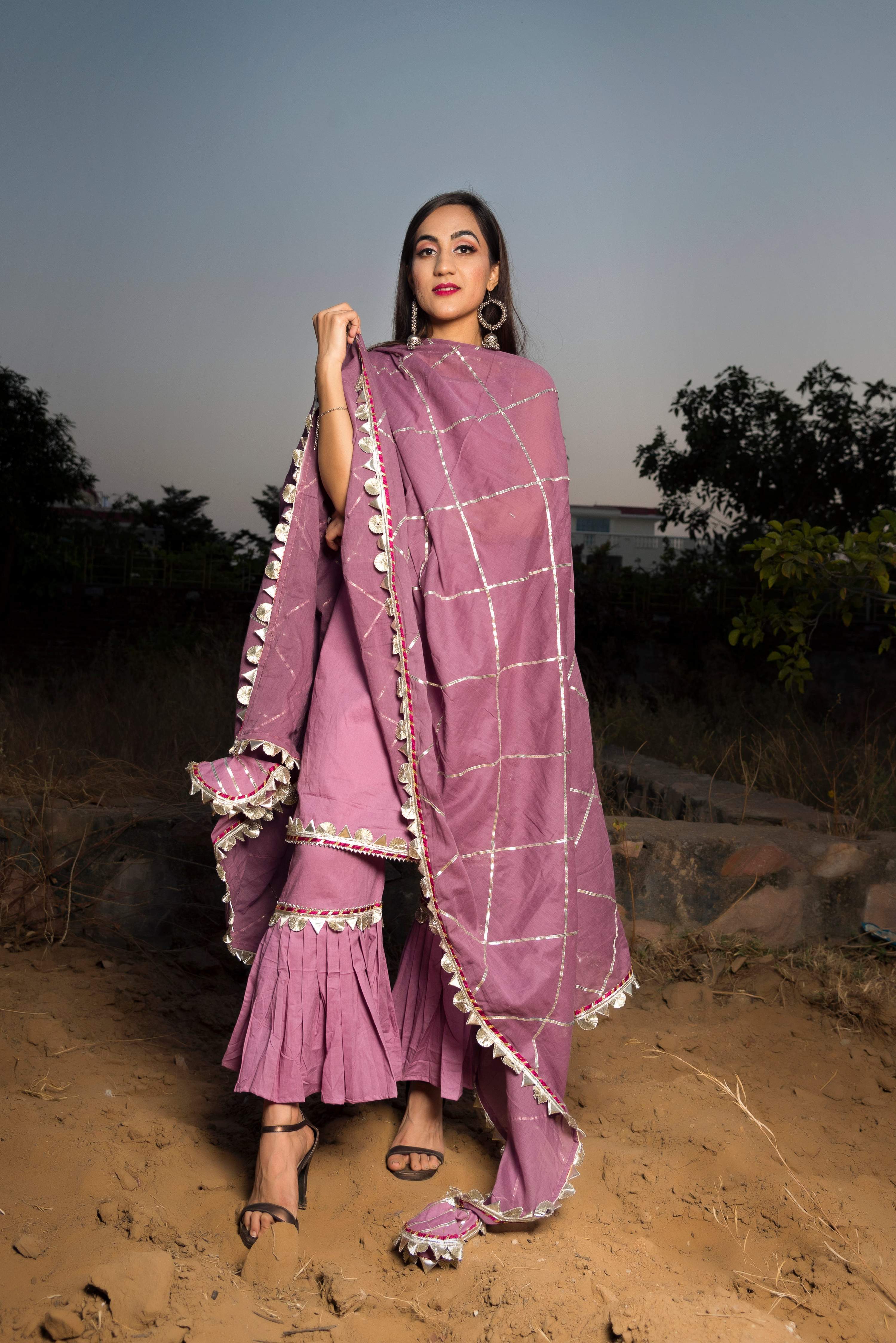 Pomcha Jaipur Gotta Jaal Purple Cotton Sharara Set - Distacart