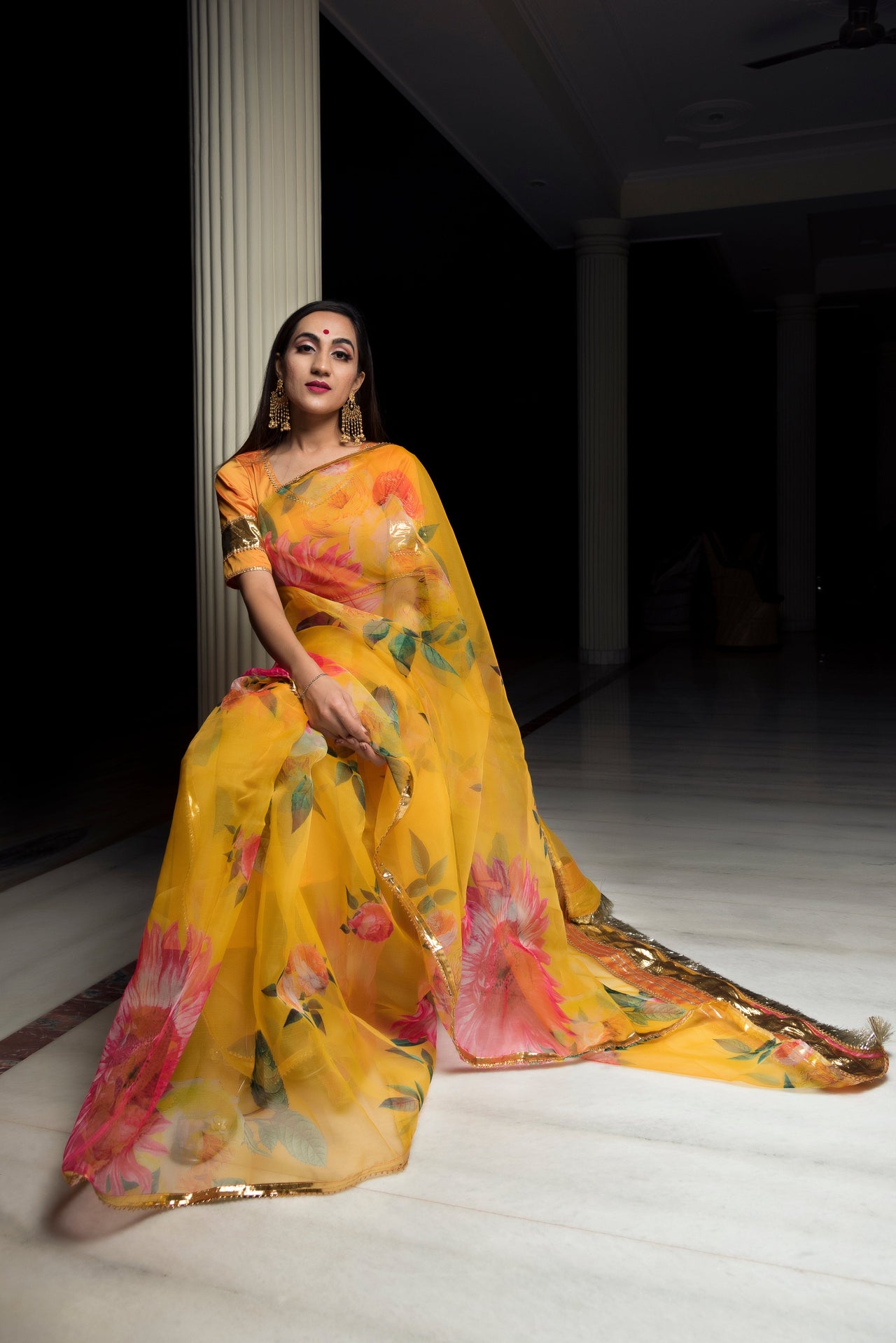 Pomcha Jaipur Organza Silk Yellow Saree - Distacart