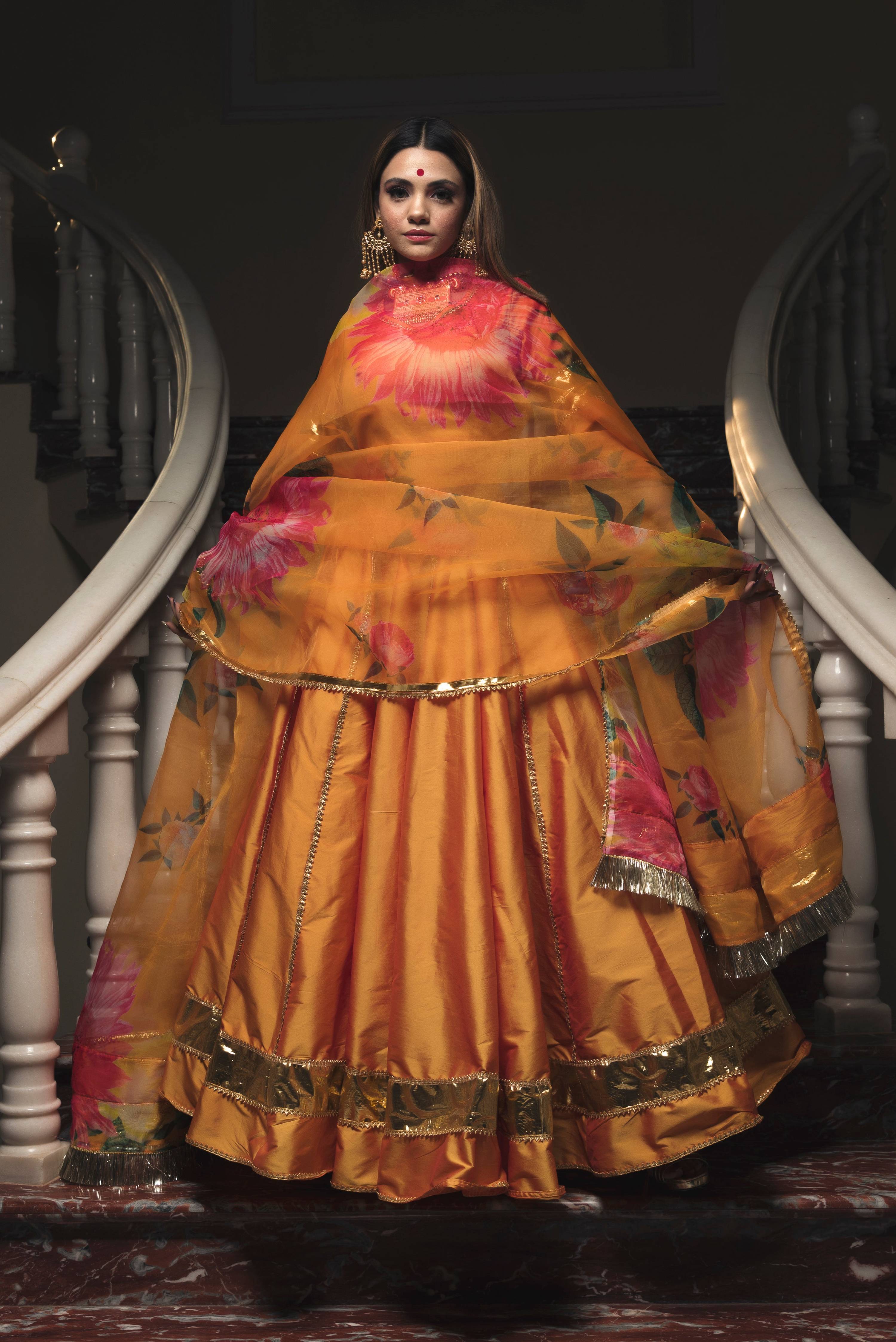 Pomcha Jaipur Taffeta Silk Orange Lehenga - Distacart