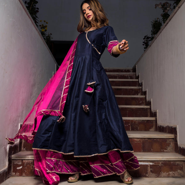 Pomcha Jaipur Royal Blue Rani Pink Cotton Silk Angrakha - Distacart