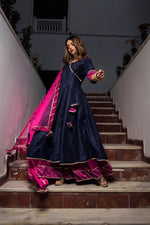 Thumbnail for Pomcha Jaipur Royal Blue Rani Pink Cotton Silk Angrakha - Distacart