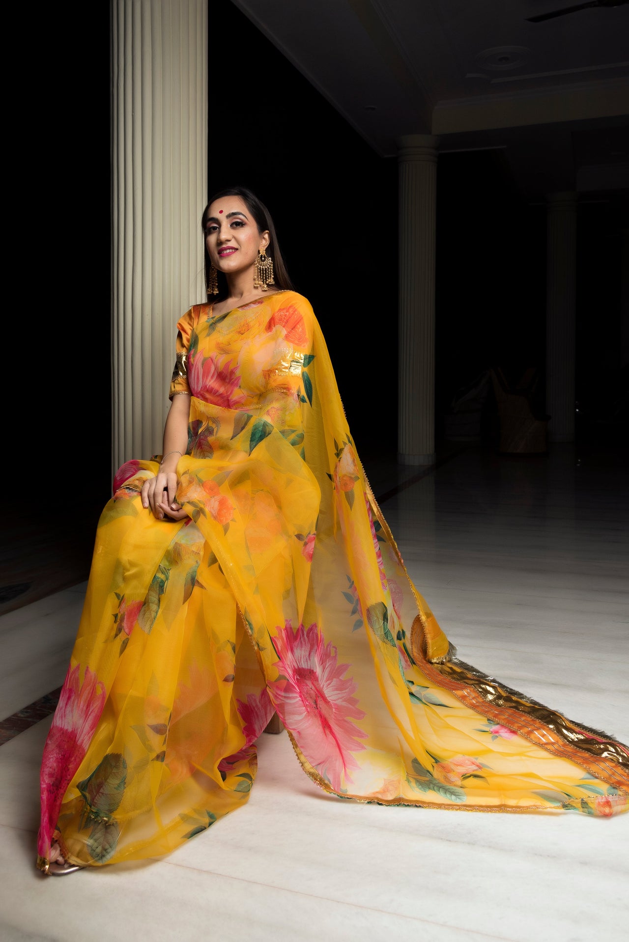 Pomcha Jaipur Organza Silk Yellow Saree - Distacart