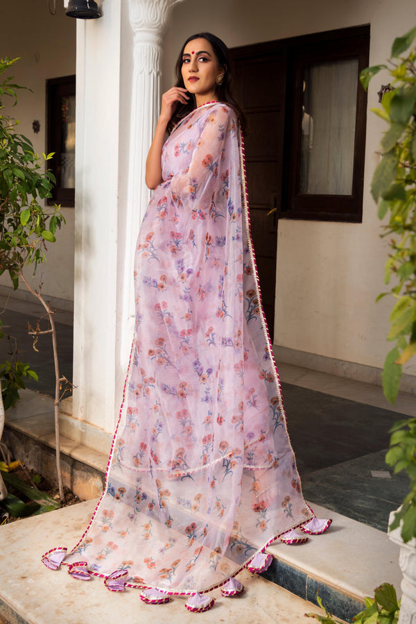 Pomcha Jaipur Aster Lavender Organza Printed Saree - Distacart