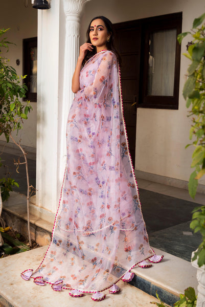 Pomcha Jaipur Aster Lavender Organza Printed Saree - Distacart