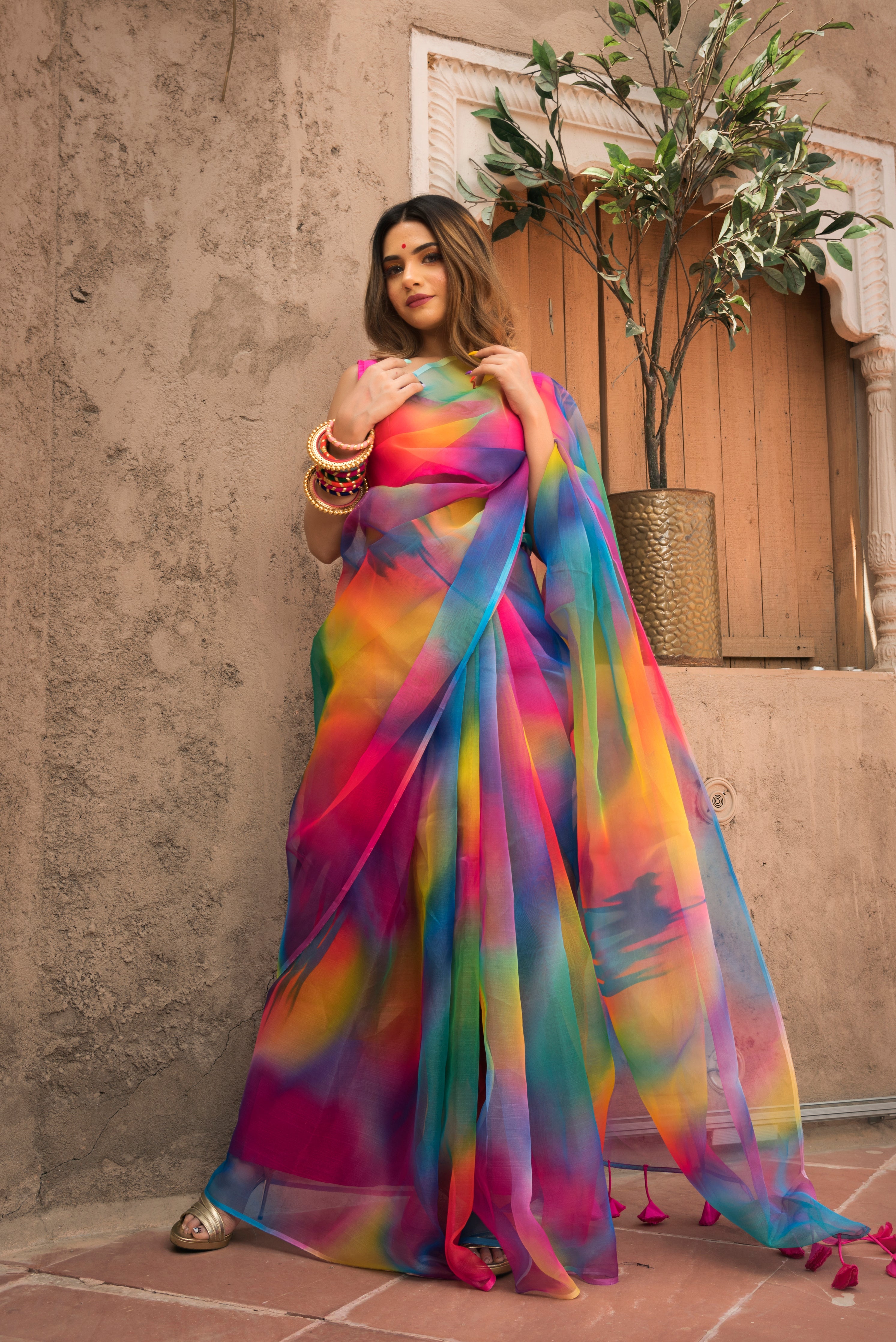 Pomcha Jaipur Rainbow Organza Printed Saree - Distacart