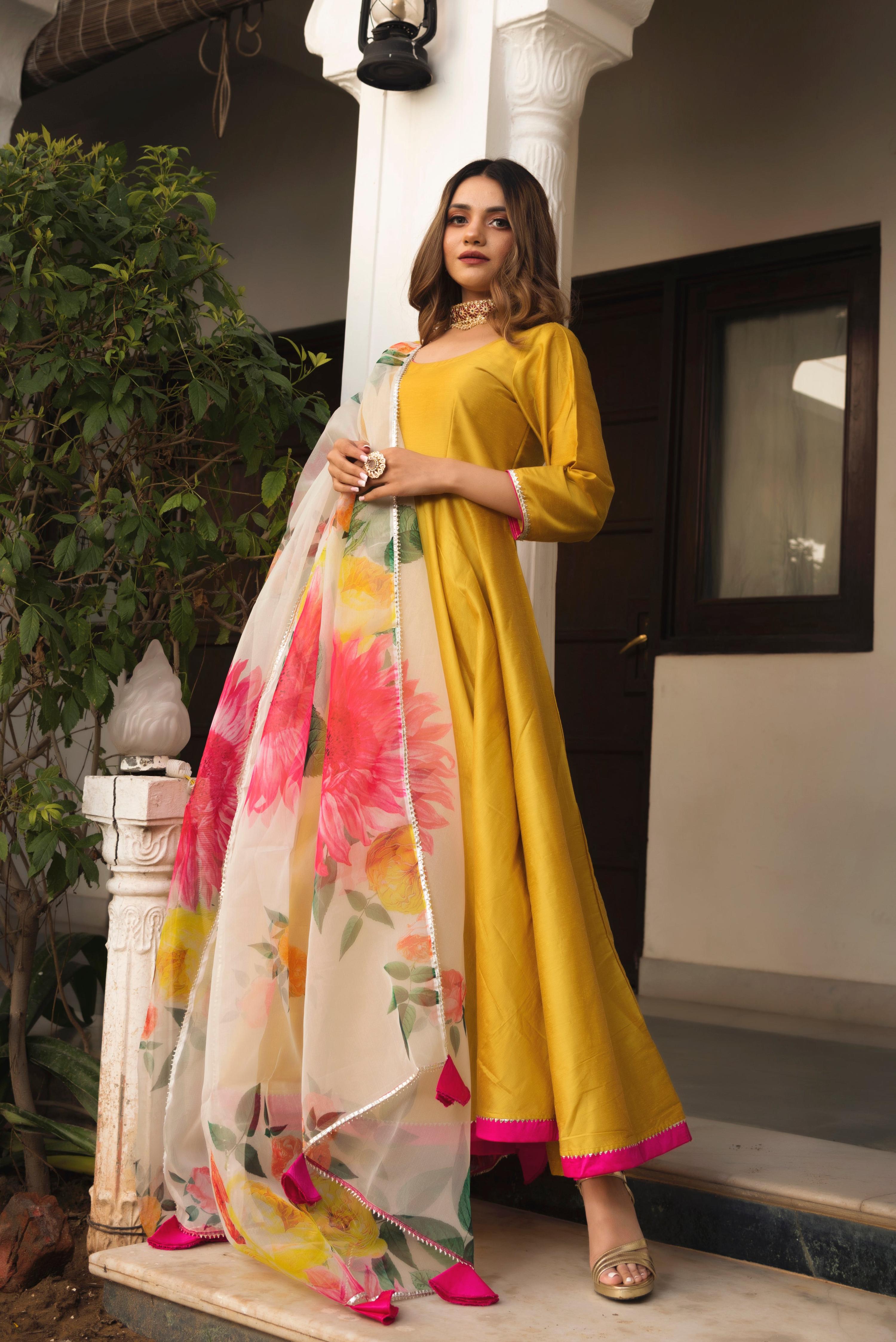 Pomcha Jaipur Sunflower Cotton Silk Yellow Anarkali - Distacart