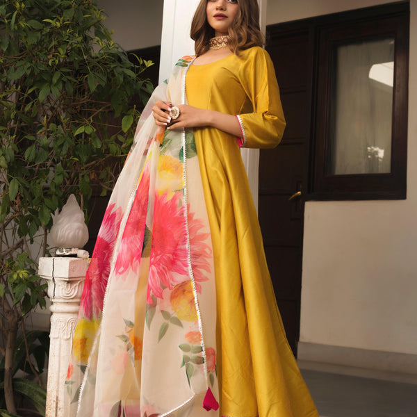 Pomcha Jaipur Sunflower Cotton Silk Yellow Anarkali - Distacart