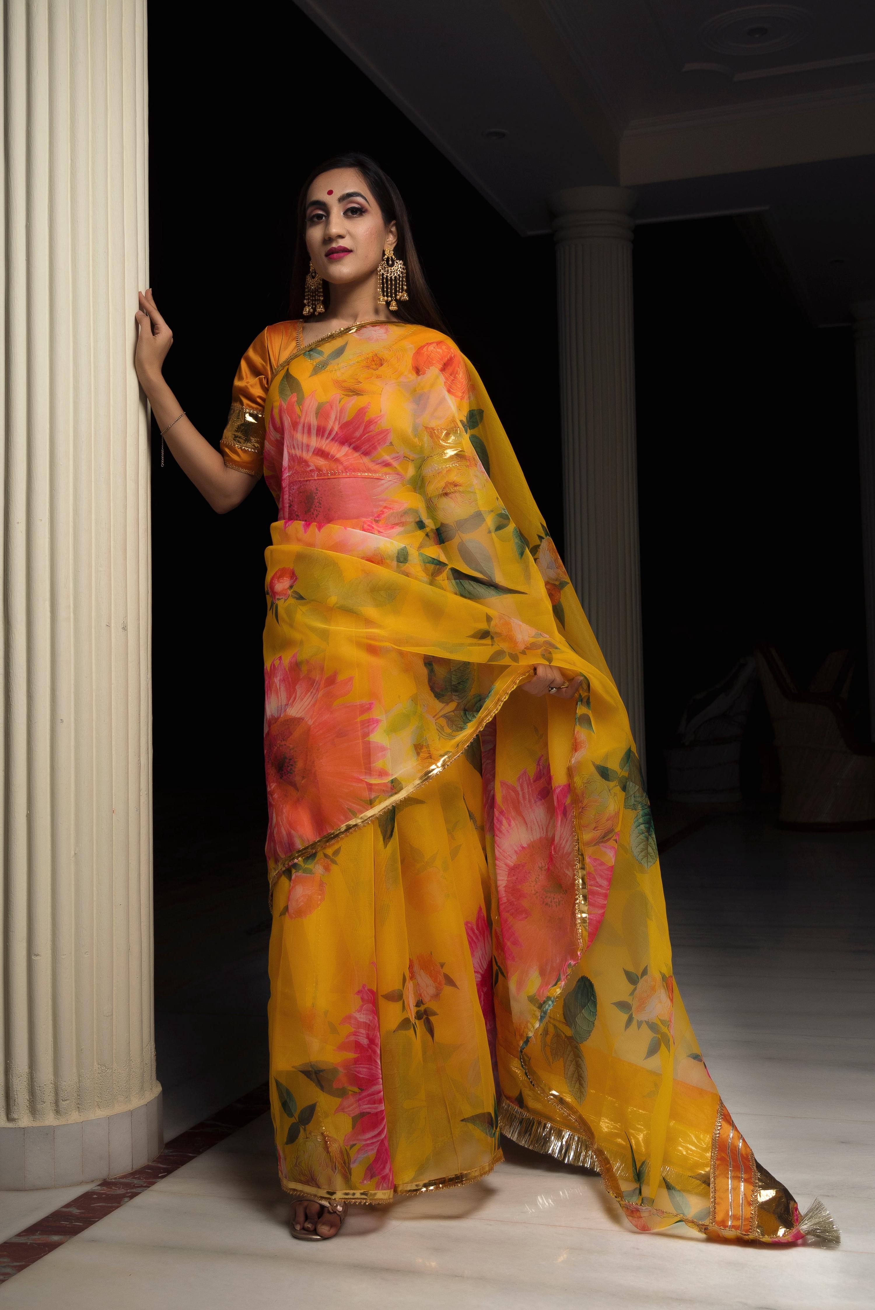 Pomcha Jaipur Organza Silk Yellow Saree - Distacart