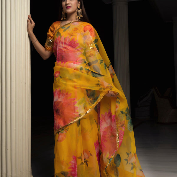 Pomcha Jaipur Organza Silk Yellow Saree - Distacart