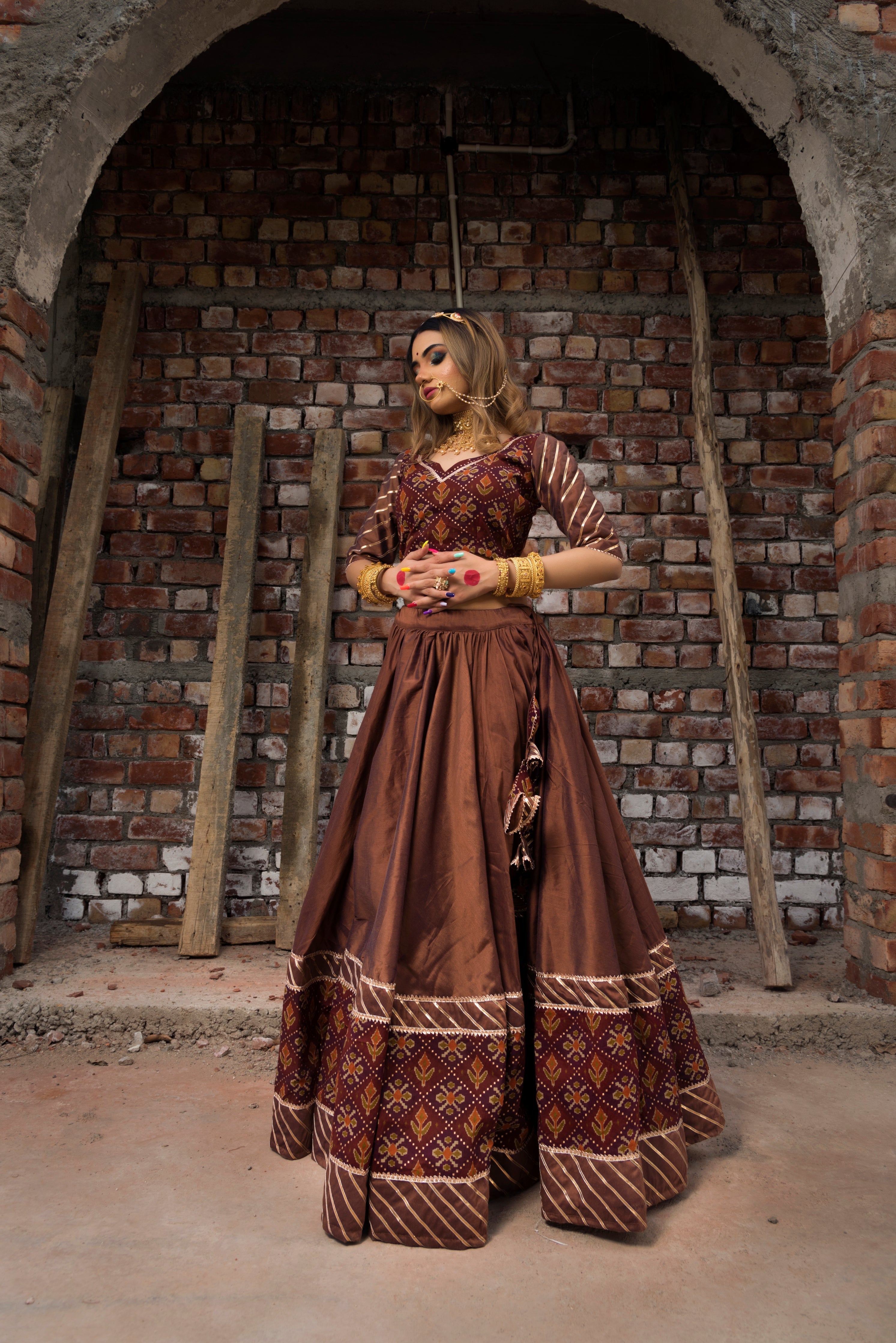 Pomcha Jaipur Chhaya Brown Gujarati Lehenga Set - Distacart