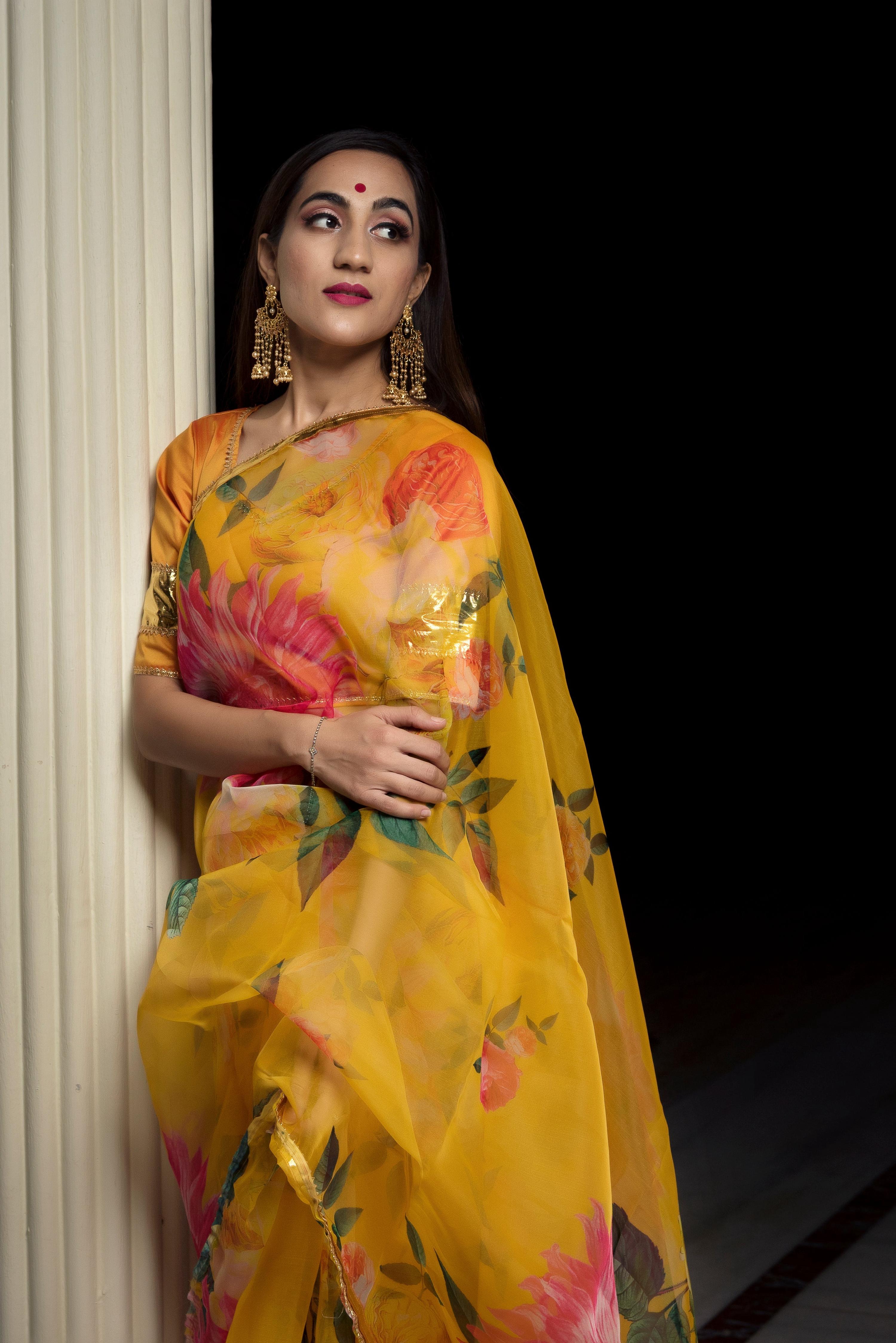 Pomcha Jaipur Organza Silk Yellow Saree - Distacart