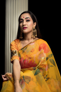 Thumbnail for Pomcha Jaipur Organza Silk Yellow Saree - Distacart