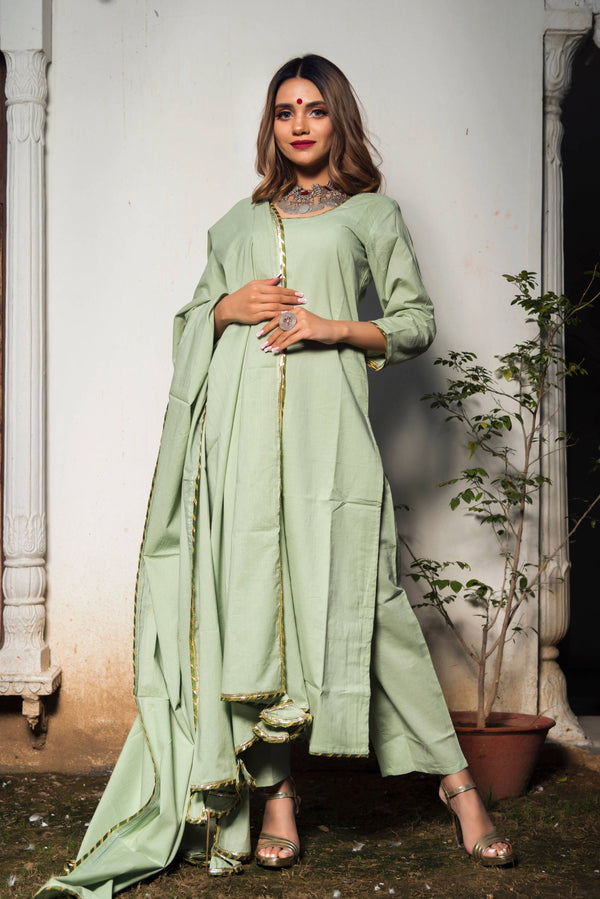 Pomcha Jaipur Olive Green Cotton Straight Kurta Set - Distacart
