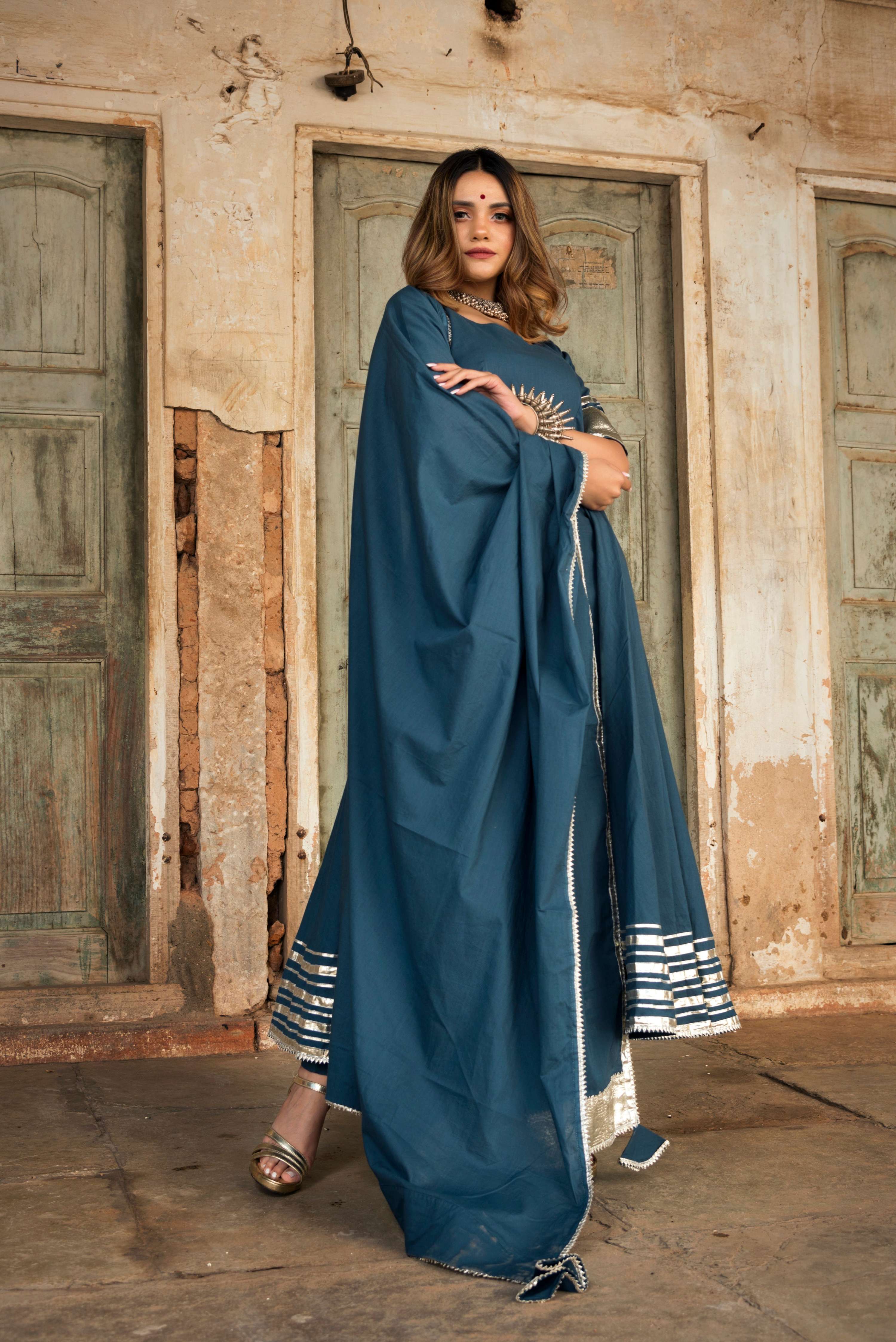 Pomcha Jaipur Berry Spary Cotton Blue Anarkali - Distacart