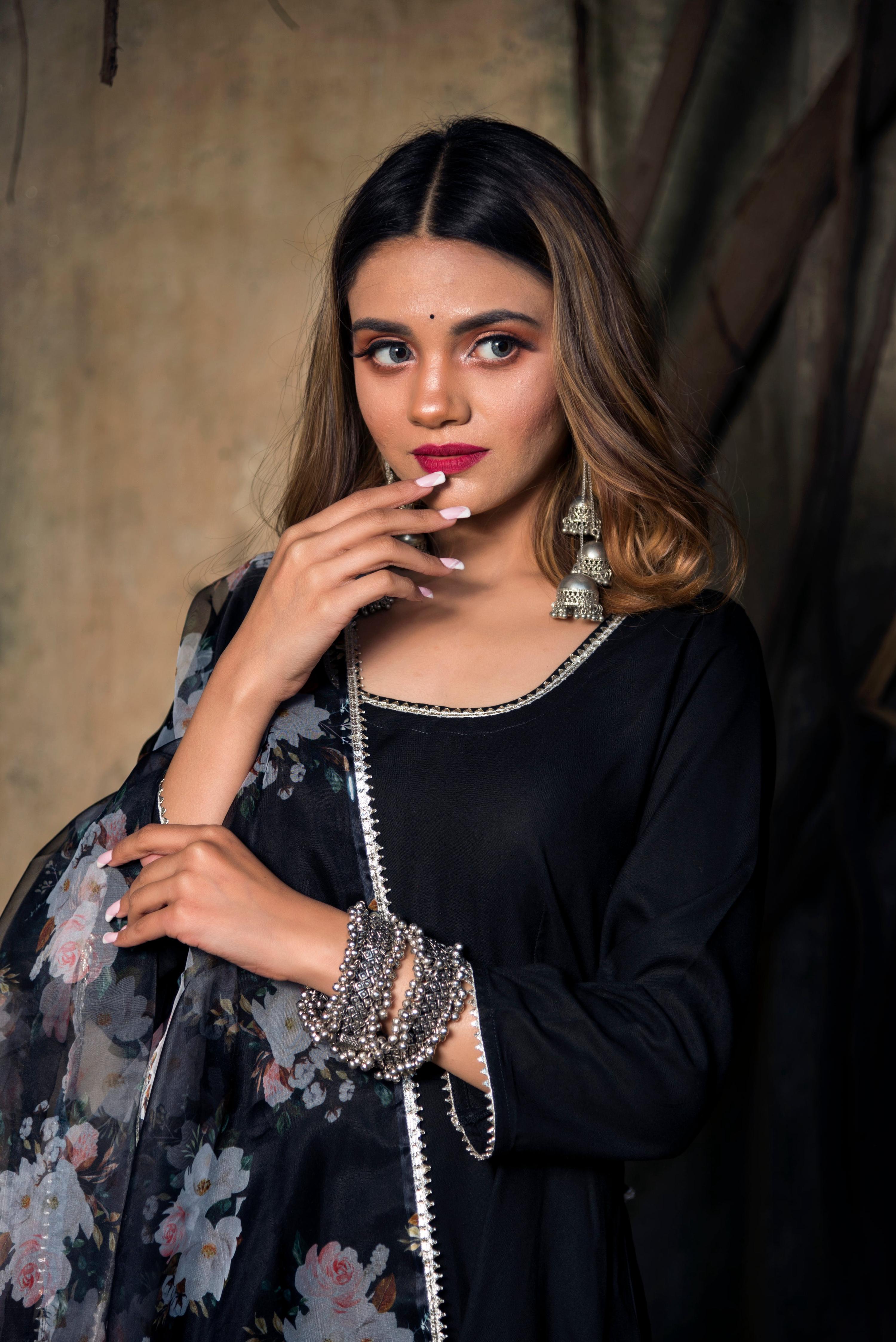Pomcha Jaipur Tea Leaf Black Rayon Anarkali - Distacart