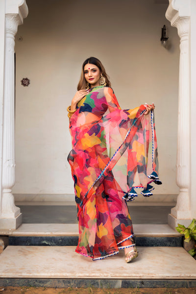 Pomcha Jaipur Multi-Color Organza Printed Saree - Distacart